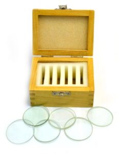 glass lenses set of six in wooden case - 50 mm dia, 3 double convex (20, 30, 50cm fl) and 3 double concave (20, 30, 50cm fl) - eisco labs