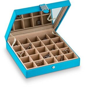 glenor co earring organizer - classic 25 section jewelry box/case/holder for earrings, rings, necklaces, jewelry, cufflinks or collections. 25 small compartments with elegant large mirror - blue