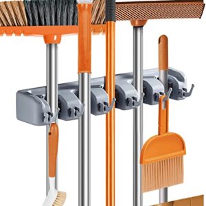 comfecto new version 4pcs self adhesive broom holder with gripper and 2 hooks, damage free broom mop holder, no drill anti-slip wall mount broom gripper organizer for bathroom kitchen garden garage