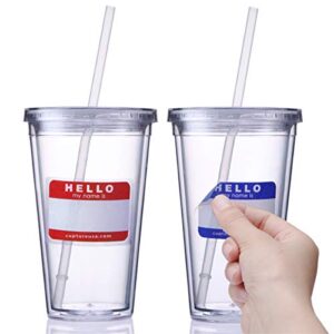 cupture classic insulated double wall tumbler cup with lid, reusable straw & hello name tags - 16 oz, 2 pack (clear)