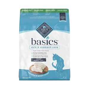 blue buffalo basics skin & stomach care grain free, natural indoor adult dry cat food, fish & potato 11-lb