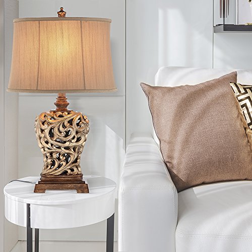 Catalina 19085-001 Traditional 3-Way Open Scroll Table Lamp and Soft Sided Shantung Shade, 28", Gold & Bronze Classic