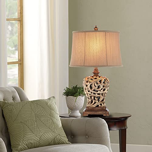 Catalina 19085-001 Traditional 3-Way Open Scroll Table Lamp and Soft Sided Shantung Shade, 28", Gold & Bronze Classic