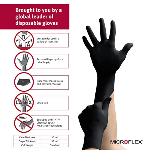 Microflex Onyx N64 Disposable Nitrile Exam Gloves for Automotive, Metal Fabrication w/Textured Fingertips - Medium, Black (Box of 100)