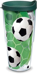 tervis soccer balls - turf background tumbler with wrap and hunter green lid 24oz, clear