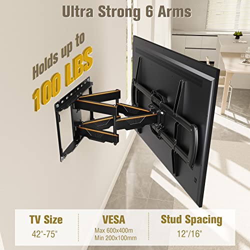 Mounting Dream UL Listed TV Mount Bracket for Most 42-75 Inch Flat Screen TVs, Full Motion TV Wall Mounts with Swivel Articulating Dual Arms, Max VESA 600x400mm, 100 LBS Loading, Fits 16" Wood Studs