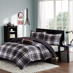 mi zone harley comforter set in plaid cabin bedding design all season, hypoallergenic, cozy cover with matching sham, full/queen, black 4 piece