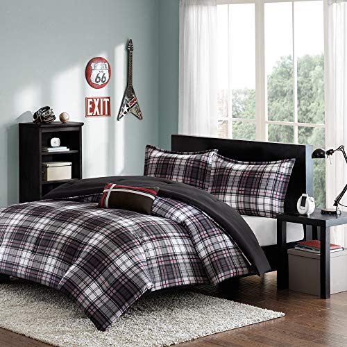 MI ZONE Harley Comforter Set in Plaid Cabin Bedding Design All Season, Hypoallergenic, Cozy Cover with Matching Sham, Full/Queen, Black 4 Piece