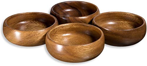 Home Essentials & Beyond Natural Acacia Wooden Bowls Hand-Carved Calabash Dip Tray Bowl S/4 Ideal for Appetizers, Dips, Sauce, Nuts, Candy, Olives, Seeds, Desserts and More. (Round)