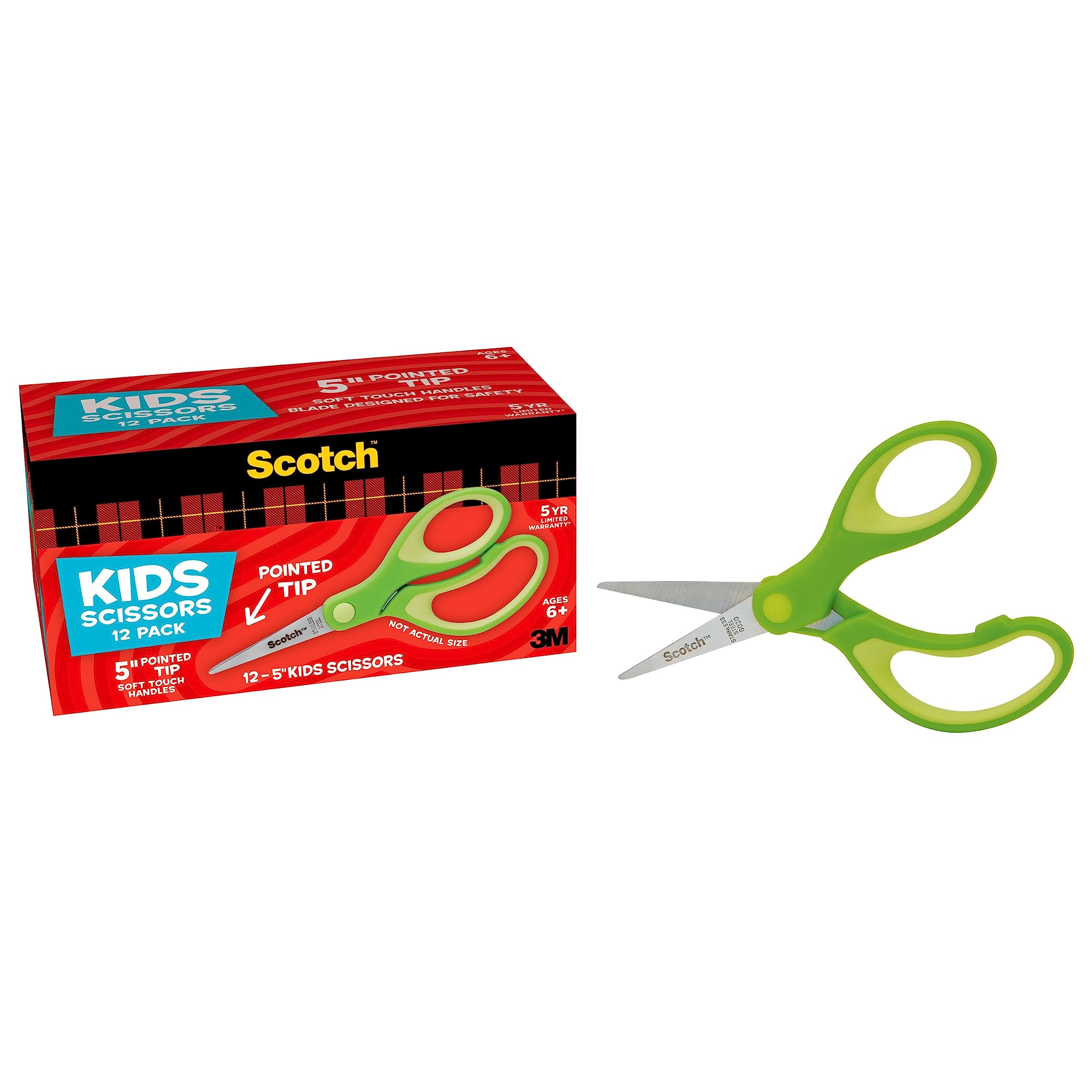 Scotch 5" Soft Touch Blunt Tip Kids Scissors, 12 Count Teacher’s Pack, Green, All-Purpose Scissors for School and Crafts (1442P-12)