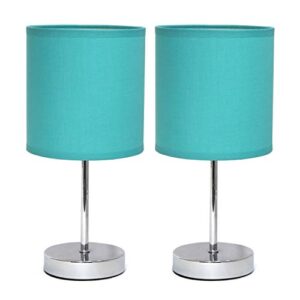 simple designs lt2007-blu-2pk chrome mini basic table lamp with fabric shade 2 pack set, blue turquoise