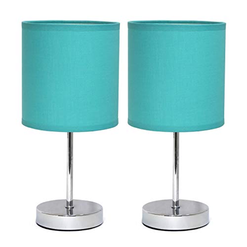 Simple Designs LT2007-BLU-2PK Chrome Mini Basic Table Lamp with Fabric Shade 2 Pack Set, Blue Turquoise