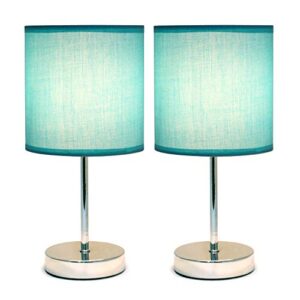 Simple Designs LT2007-BLU-2PK Chrome Mini Basic Table Lamp with Fabric Shade 2 Pack Set, Blue Turquoise