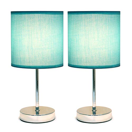 Simple Designs LT2007-BLU-2PK Chrome Mini Basic Table Lamp with Fabric Shade 2 Pack Set, Blue Turquoise