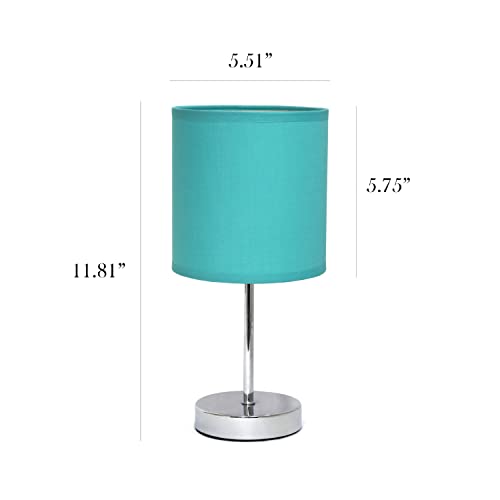Simple Designs LT2007-BLU-2PK Chrome Mini Basic Table Lamp with Fabric Shade 2 Pack Set, Blue Turquoise