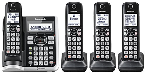 PANASONIC Link2Cell Bluetooth Cordless Phone System with Voice Assistant, Call Blocking and Answering Machine. DECT 6.0 Expandable Cordless System - 4 Handsets - KX-TGF574S (Silver)
