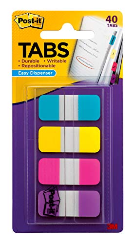 Post-it Tabs.625 in Solid, Aqua, Yellow, Pink, Violet, 10/Color, 40/Dispenser (676-AYPV) , Bright Colors , 5/8 x 1-1/2 in