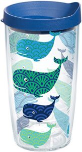 tervis whale pattern insulated tumbler with wrap and blue lid, 16oz, clear