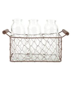 blossom bucket 131-36732 tall square metal basket with three glass bottles, 12 x 8