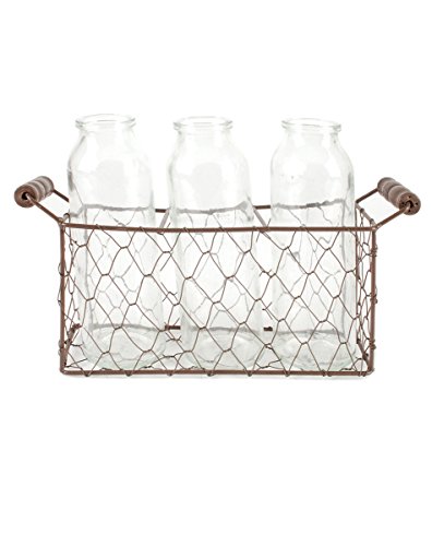 Blossom Bucket 131-36732 Tall Square Metal Basket with Three Glass Bottles, 12 X 8