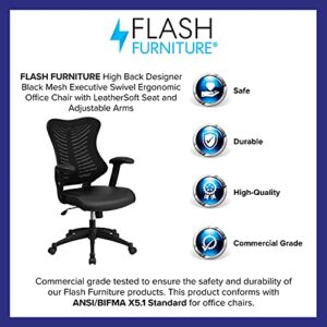 Flash Furniture Kale High Back Designer Black Mesh Executive Swivel Ergonomic Office Chair with LeatherSoft Seat and Adjustable Arms