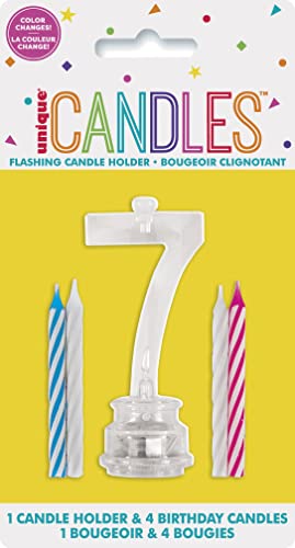 Unique Number 7 Flashing Candle Holder & Candles, 3", Multicolor