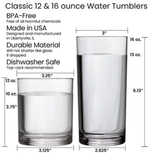 US Acrylic Classic Clear Plastic Reusable Drinking Glasses (Set of 8) 12oz Rocks & 16oz Water Cups | BPA-Free Tumblers, Made in USA | Top-Rack Dishwasher Safe