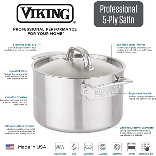 Viking Culinary Professional 5-Ply Stainless Steel Cookware Set, 10 Piece, Dishwasher, Oven Safe, Works on All Cooktops including Induction