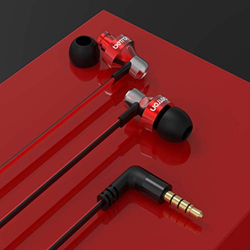 Betron DC950 in Ear Headphones Earphones Wired with Tangle Free Flat Cable HD Bass Lightweight Case Noise Isolating Earbuds 3.5 mm Jack Plug (Red)