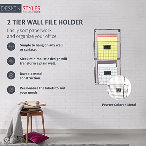 Designstyles Two Tier Wall File Holder – Durable Pewter Metal Rack with Spacious Slots for Easy Organization, Mounts on Wall and Door for Office, Home, and Work