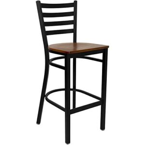 Flash Furniture Clark 30'' Round Black Laminate Table Set with 3 Ladder Back Metal Barstools - Cherry Wood Seat