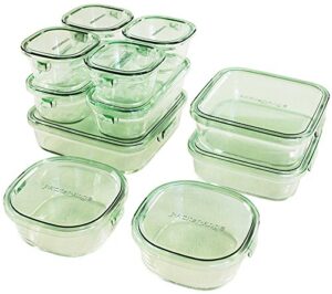 iwaki ps-prn-11g pack & range heat-resistant glass storage container, green, set of 11