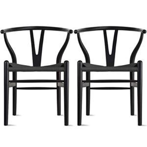 2xhome set of 2 wishbone solid wood armchairs with arms open y back farmhouse dining office chairs with woven black seat (black)