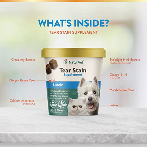 NaturVet – Tear Stain Plus Lutein – Eliminates Unsightly Tear Stains – Enhanced with Cranberry Extract, Marshmallow Root & Oregon Grape Root – for Dogs & Cats – 70 Soft Chews