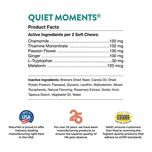 NaturVet Quiet Moments Calming Aid Dog Supplement – Helps Promote Relaxation, Reduce Stress, Storm Anxiety, Motion Sickness for Dogs – Tasty Pet Soft Chews with Melatonin – 70 Ct.