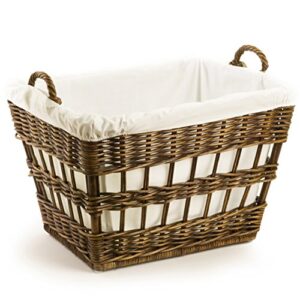 the basket lady wicker french laundry basket, 23 in l x 18.5 in w x 18.5 in h, antique walnut brown