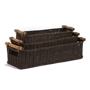 The Basket Lady Long Narrow Pole Handle Wicker Basket, Large, 21 in L x 8 in W x 6 in H, Antique Walnut Brown