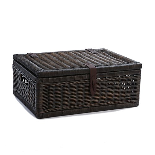 The Basket Lady Covered Wicker Storage Basket, Large, 20 in L x 14 in W x 8 in H, Antique Walnut Brown