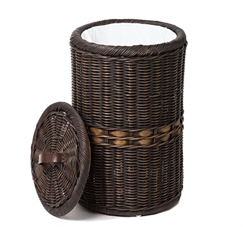 The Basket Lady Tall Wicker Trash Basket with Metal Liner, 15.5 in Dia x 25.5 in H, Antique Walnut Brown