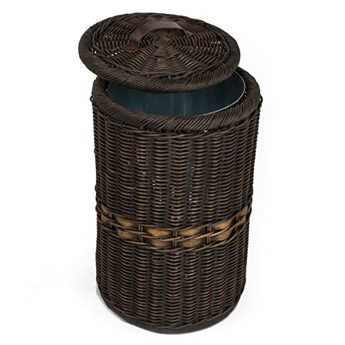 The Basket Lady Tall Wicker Trash Basket with Metal Liner, 15.5 in Dia x 25.5 in H, Antique Walnut Brown