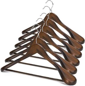 js hanger wooden suit hangers, 6 pack extra-wide shoulder wood coat hangers with non slip pant bar, extra smooth and splinter free retro finish