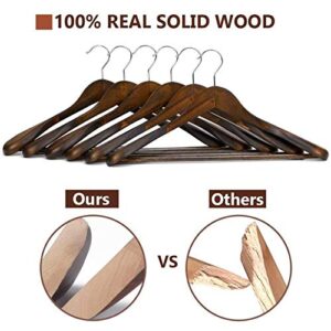 JS HANGER Wooden Suit Hangers, 6 Pack Extra-Wide Shoulder Wood Coat Hangers with Non Slip Pant Bar, Extra Smooth and Splinter Free Retro Finish