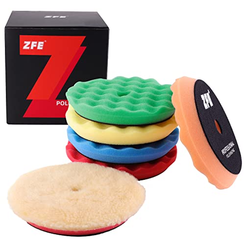 Buffing Polishing Pads, ZFE 6Pcs 5"(125mm) Waffle Foam Buffing Pads Polishing Pads Wool Pad Kit for 5Inch Backing Plate RO/DA/GA Car Polisher Boat Compounding, Polishing and Waxing