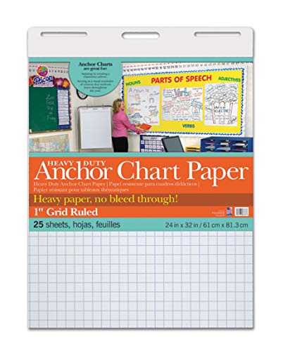 Pacon PAC3373 Heavy Duty Anchor Chart Paper, 1" Grid Ruled, 24" Width, 32" Length, 25 Sheets, White