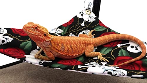 Hammock for Bearded Dragons, Skulls and Roses Fabric with Suction Cup Hooks