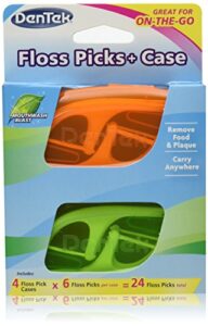 dentek floss picks & travel case for on-the-go, 4 travel cases with 6 floss picks each, (pack of 2)
