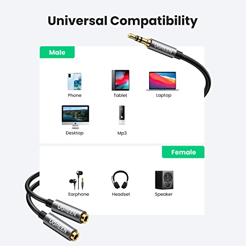 UGREEN Headphone Splitter 3.5mm Audio Stereo Y Splitter Aux Extension Cable Male to Female Dual Headphone Jack Adapter for Earphone Headset Splitter Compatible with iPhone Samsung iPad Tablet Laptop, Black