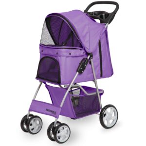 paws & pals pet stroller cat/dog easy to walk folding travel carrier carriage, lavender purple