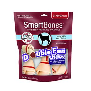 smartbones doubletime chews 3 count, medium, rawhide-free chews for dogs with long-lasting chew center