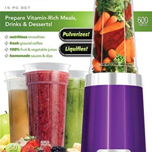 Big Boss powerful and Professional 15 Piece high speed 600 Watt personal countertop blender/Mixer - Recipe book included- Pulverizes and Liquefies fruits and vegetable – Simple and easy to use- Purple